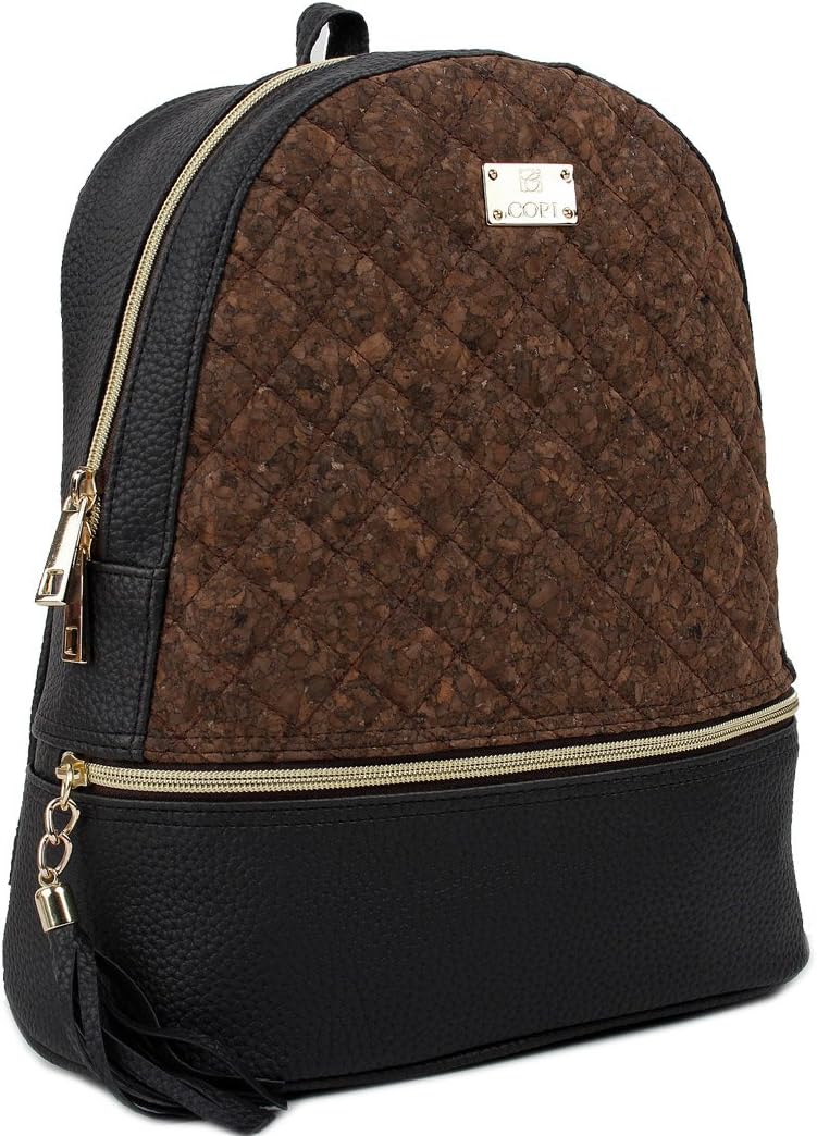 Copi Women's Simple Design Cork Leather Fashion Quilting Backpacks Black Chocolate