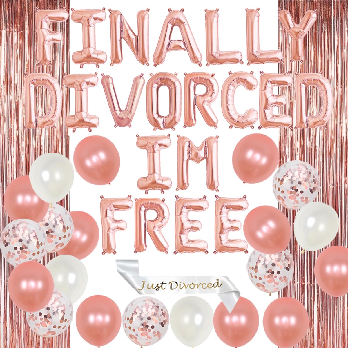 JOYMEMO Divorce Party Decorations for Women Rose Gold Finally Divorced Im Free Balloon Just Divorced Sash for Divorce Celebration