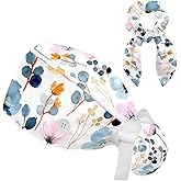 Red Blooming Rose Flowers Black Working Cap with Scrunchy and Ribbon Tie for Women, Long Hair