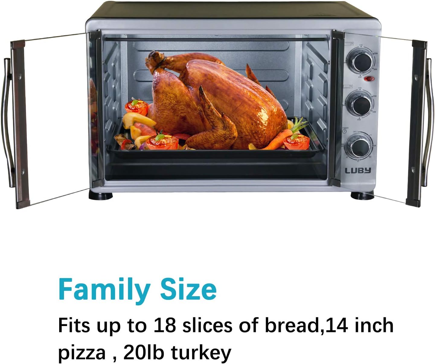 Luby Extra Large 55L Toaster Oven 18 Slices 14 Pizza 20lb Turkey Silver