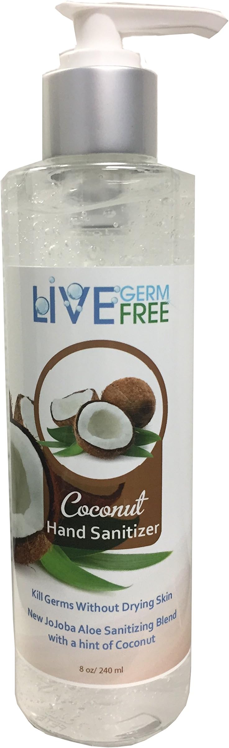 Live Germ Free - Coconut Essential Oil Hand Sanitizer Gel Effectively Kills 99.9% of Germs Without Drying Skin – Set Includes Scent Free Coconut Hand Sanitizer Gel 8 Oz