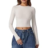QINSEN Women's Crewneck Long Sleeve Shirts Double Lined Fitted Crop Top Seam Cup Going Out Tops