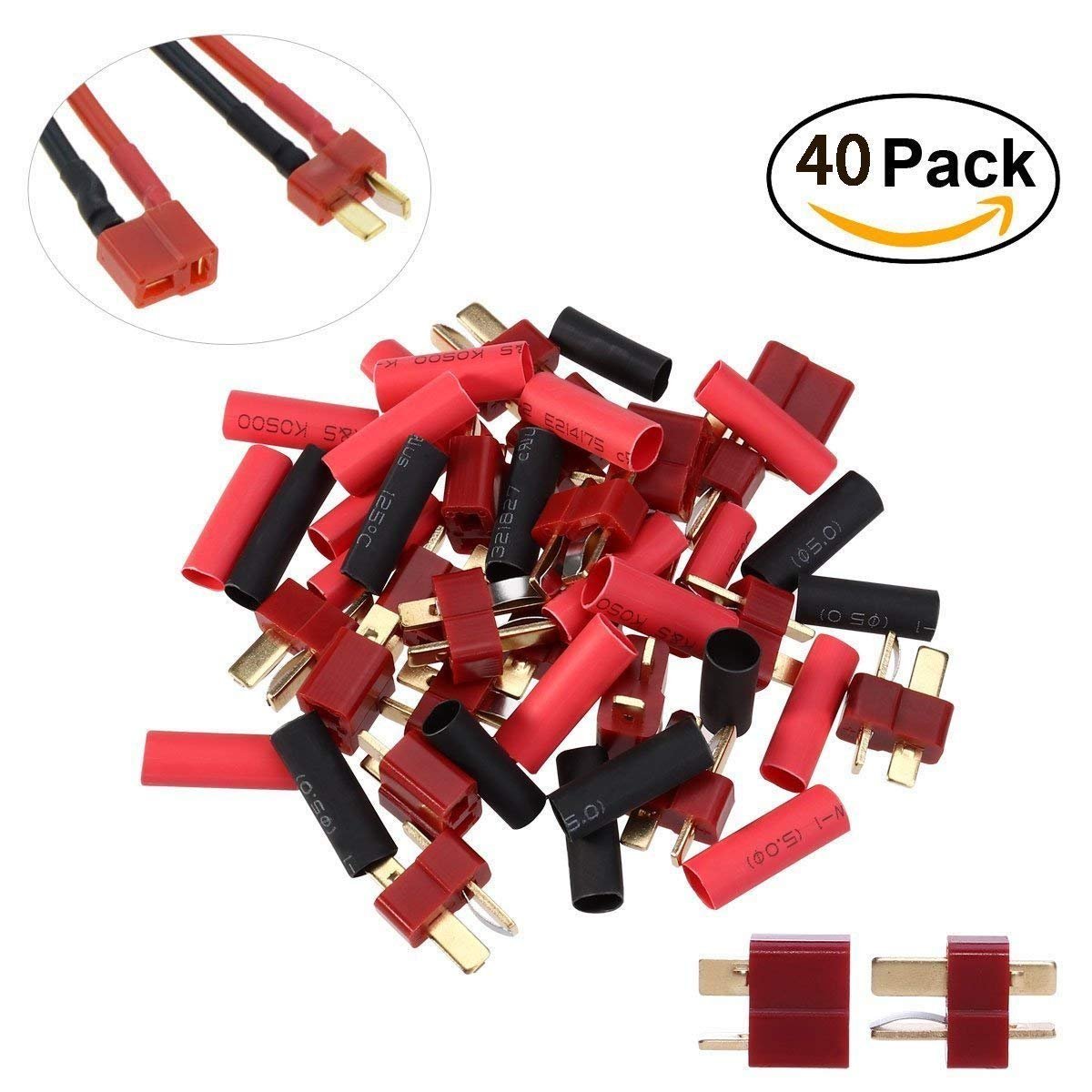 YUNIQUE GREEN-CLEAN-POWER - 20 T-Plug Deans Style Male and Female Connectors | 40 Pieces Shrink Tubing | Suitable for RC Car, Boat, Plane, Helicopter, LiPo Battery 7.4, Red, Plastic