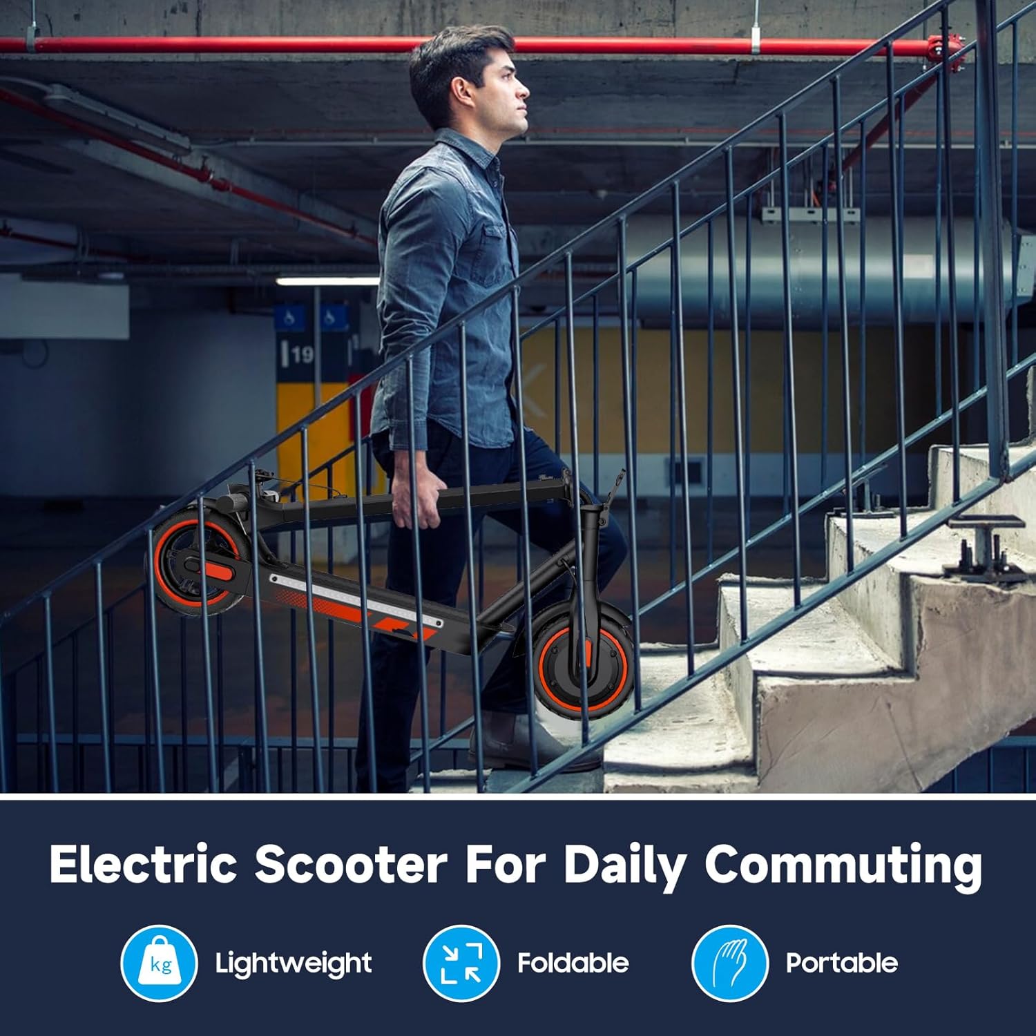Person carrying a folded HiQiS V10 Electric Scooter up stairs, demonstrating its portability