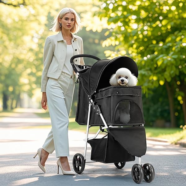 SMUG 3 WHEELS PET STROLLER, DOG AND CAT STROLLERS, STORAGE BASKET AND CUP HOLDER, BREATHABLE MESH, LIGHTWEIGHT TRAVEL CARRIER, WATERPROOF AND FOLDABLE FOR SMALL PETS OUTDOOR WALK, BLACK
