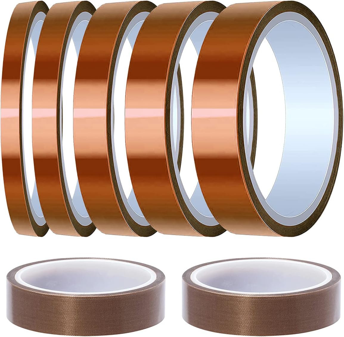 Youmile 5 Rolls High Temp Tape Polyimide Heat Resistant Tape 3/6/8/12/15mm x 33m(108ft) Thermal Tape High Temperature Tape for Soldering, Heat Transfer with 2 Rolls 15mm x 10m(33ft) Teflon Tape