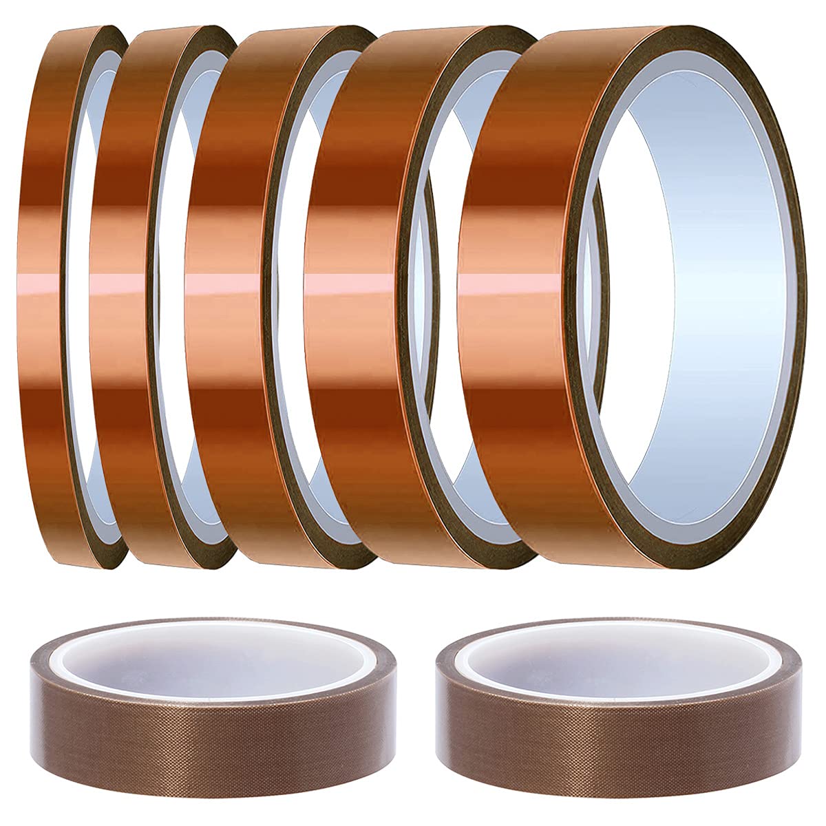 Youmile 5 Rolls High Temp Polyimide Heat Resistant Tape 3/6/8/12/15mm x 33m(108ft) for Soldering, Heat Transfer With 2 Rolls 15mm x 10m(33ft) Teflon Tape — image 1