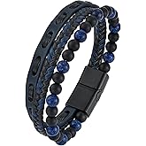 TIMFROZ Christmas Mens Leather Bracelet Multi Layer Braided Natural Stone Tiger Eye Lapis Lazuli Lava Rock Beads Bracelet Wristband Jewelry for Men 8.3" Stainless Steel Buckle Bangle