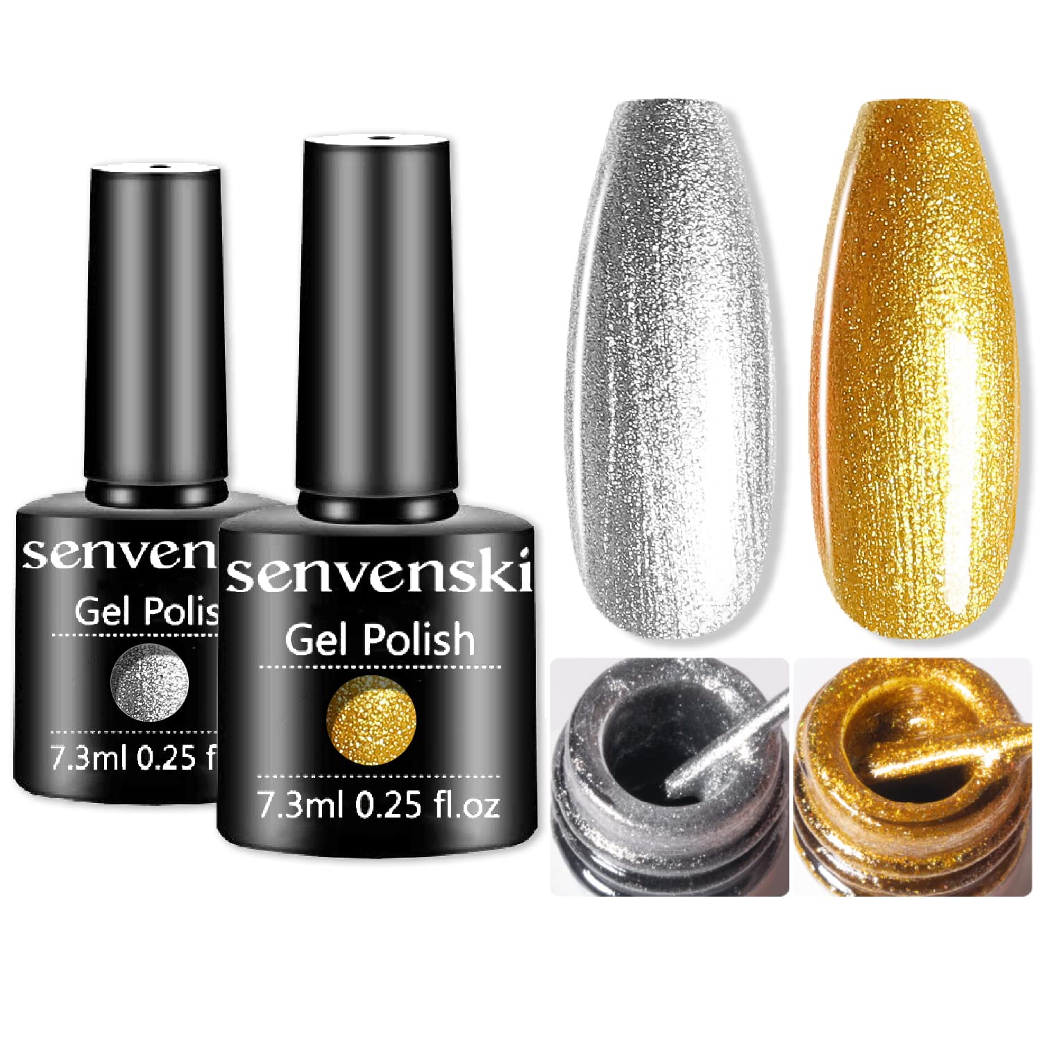 Senvenski Gold Silver Gel Nail Polish Kit - UV/LED Soak Off Nail Art Set | Manicure Gift Kit for Women Salon Home Use (CS2-005)