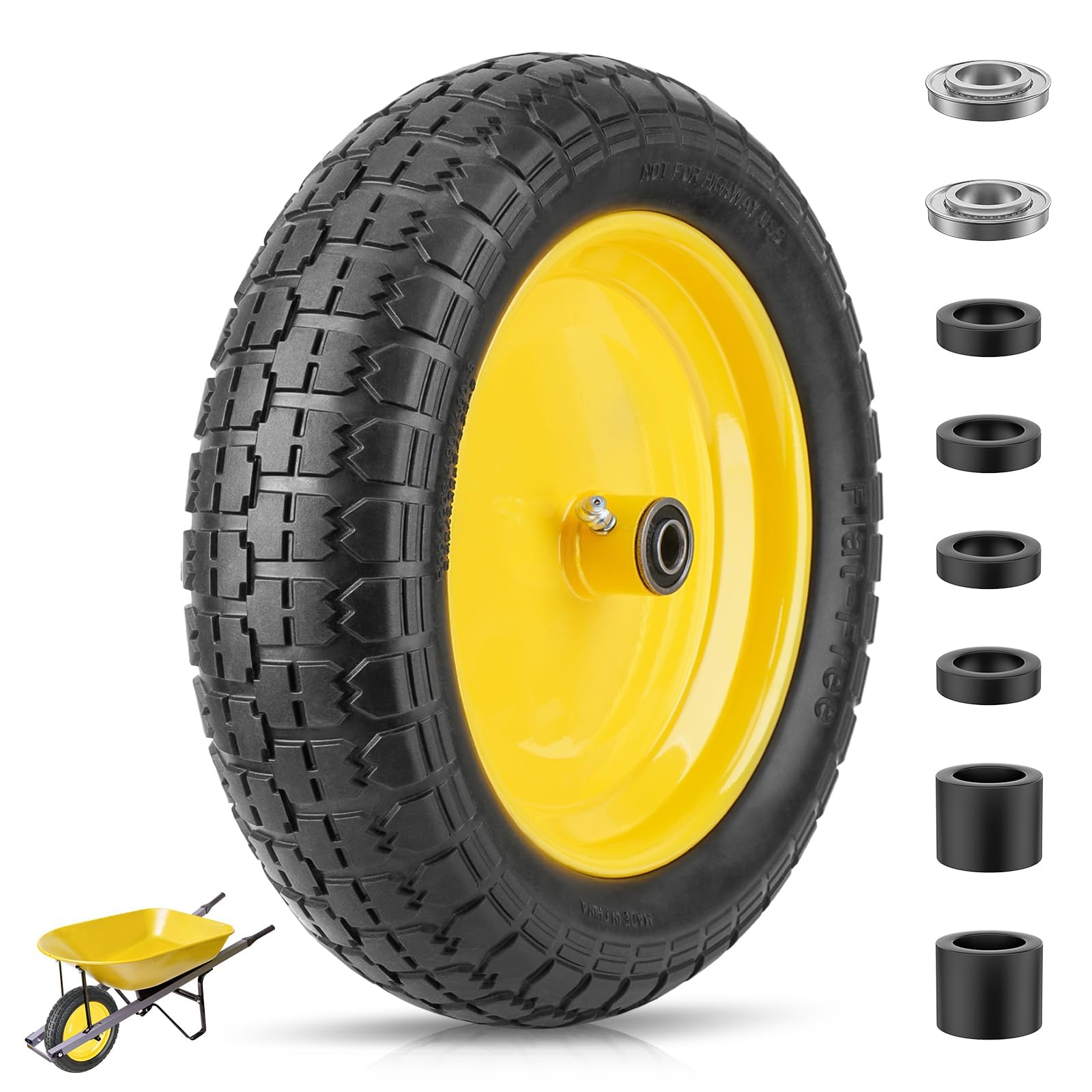 TICONN 4.80/4.00-8 Tire, 14.5" Flat Free Wheelbarrow Tire and Wheel, Solid Replacement Tires with 3" Centered Hub, 5/8" 3/4" Bearings, Universal Fit 4.80/4.00-8, 3.50/3.00-8, 4.00-6 (Yellow) Image
