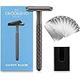 The Grooming Society Single Blade Safety Razor for Men with Silicone Cover & 10 Blades Double Edge Safety Razor for Travel Metal Eco-Friendly Reusable Razor for Shaving (Matte Black)