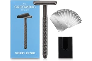The Grooming Society Single Blade Safety Razor for Men with Silicone Cover & 10 Blades Double Edge Safety Razor for Travel Metal Eco-Friendly Reusable Razor for Shaving (Matte Black)