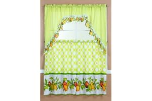 Diamond Home Linens 3PC Printed Kitchen Curtain Tiers and Swag Valance 24" Long Set (Green/Peaches)