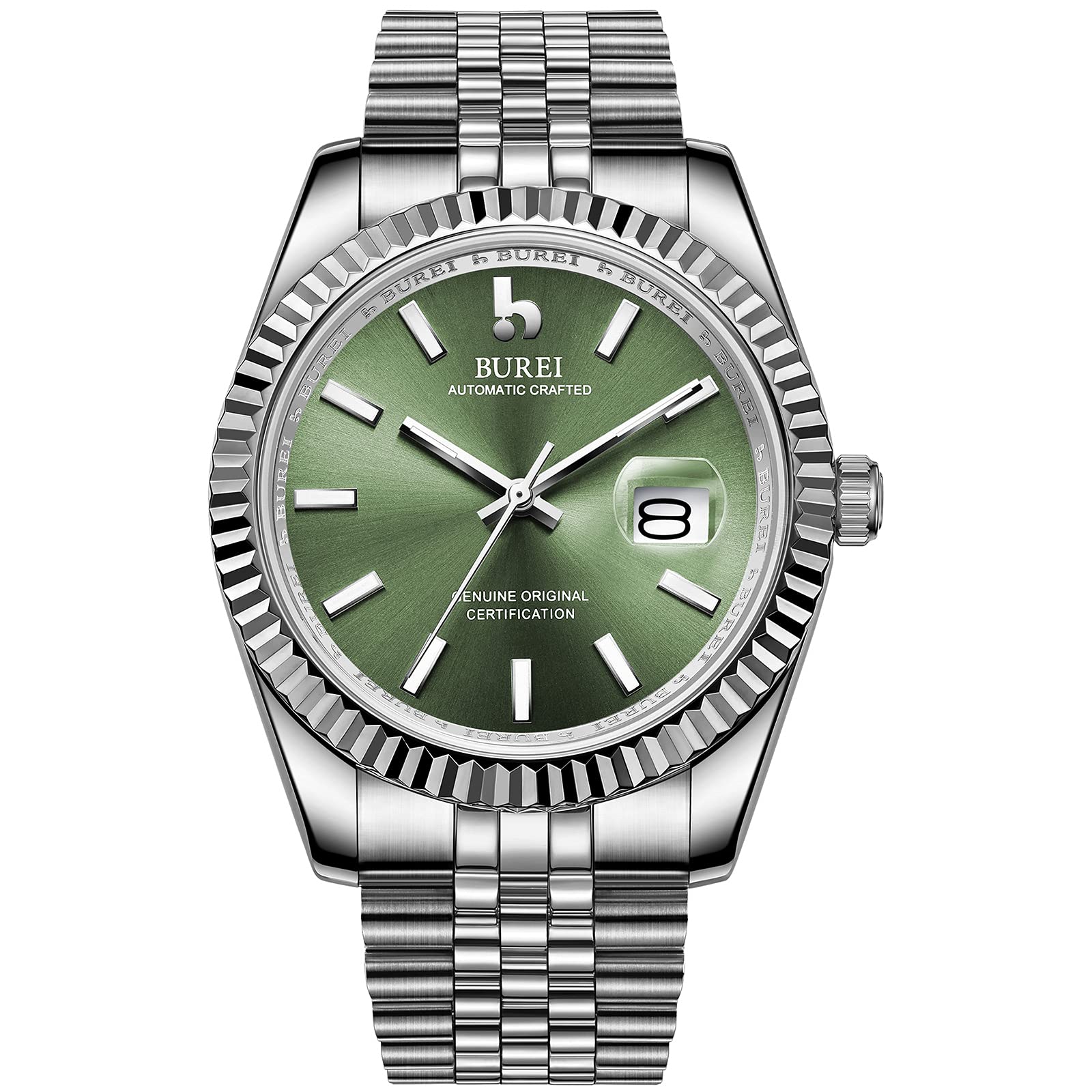 BUREI Men's Watches Luxury Automatic Watch Elegant Classic Date Mechanical Wristwatch with Synthetic Sapphire Glass and Stainless Steel Band (Light Green)