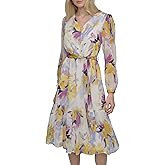 DKNY Womens Long Sleeve V-Neck Tie Waist Midi Dress