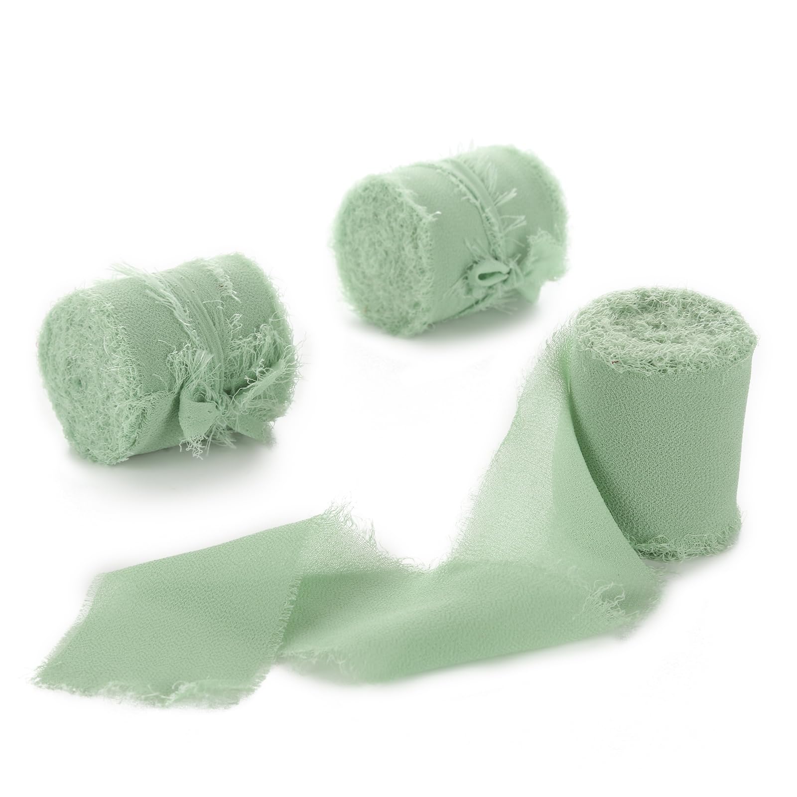 Sage Green Chiffon Ribbon 3 Rolls 1.5 inch X 5 Yard Light Green Handmade Fringe Silk Ribbon Set for Gift Wrapping, Wedding Invitations, Bridal Flower Bouquets, DIY Crafts — image 1