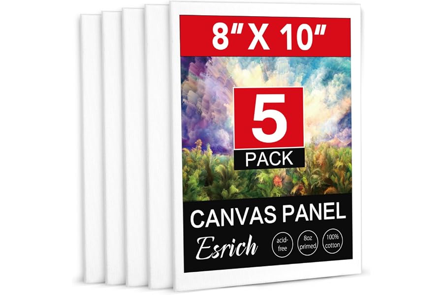 ESRICH Canvas Boards for Painting, 5 Pack Canvases for Painting 8x10 Cotton Primed Acid Free Blank Canvas Panels for Oil Paint, Watercolor, Acrylic Paint, Gouache and Tempera.