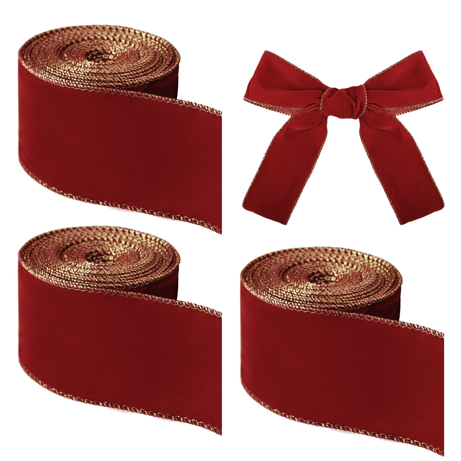 Lezevn 3 Rolls 6.3cm*6m Christmas Velvet Ribbon Wine Red Velvet Wired Edge Ribbon Gold Trim for Xmas Wrapping DIY Crafts Winter Christmas Festival Decor