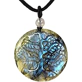 Justinstones Natural Stones Carved Tree of Life 35mm Round Beads Pendant Necklace 22 inch