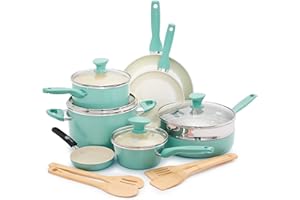 GreenPan Rio Healthy Ceramic Nonstick 16 Piece Cookware Pots and Pans Set, PFAS-Free, Dishwasher Safe, Turquoise