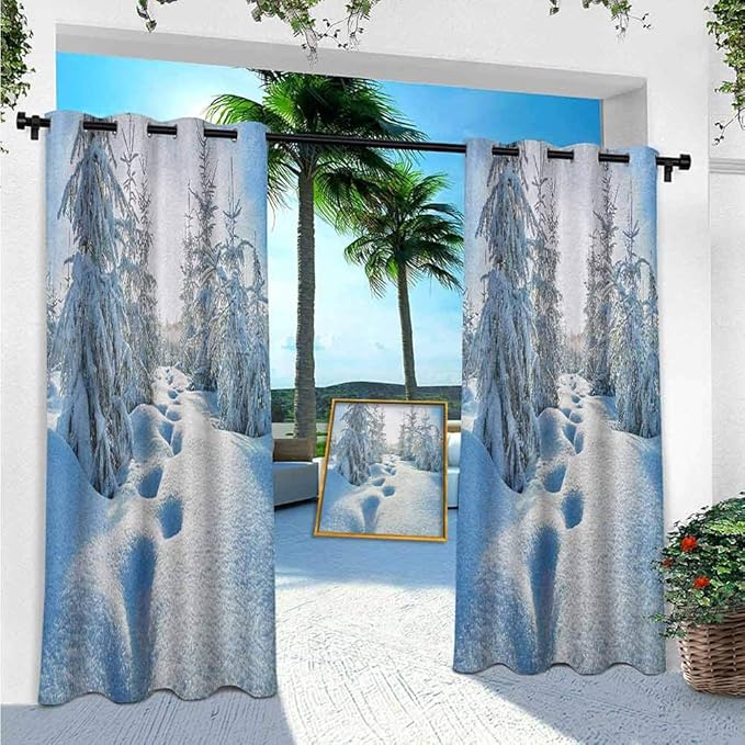 YUAZHOQI Winter Patio Curtains Outdoor, Winter Landscape with Forest