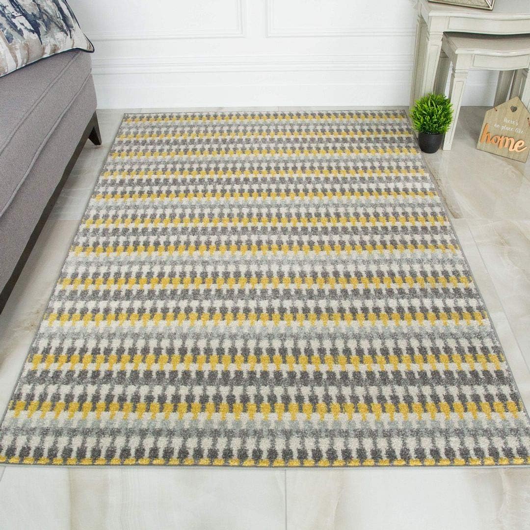 Modern Striped Lined Grey Mustard Yellow Living Room Hallway Rug