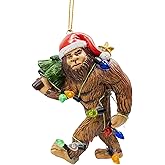 Ugly Bigfoot Wearing Santa Hat Walking with Tree Wrapped in Christmas Lights Sasquatch Funny Ornament