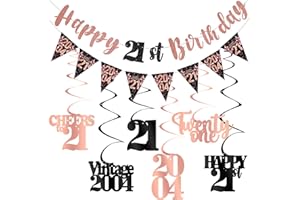 KIRCIRX 21st Birthday Decorations for Her, Black Rose Gold Happy 21st Birthday Banner Hanging Swirls Vintage 2004 Decorations Kit Cheers to 21 Party Supplies