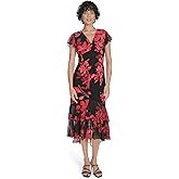 Tommy Hilfiger Womens Chiffon Flutter Sleeve and Hem V Neck Midi Dress