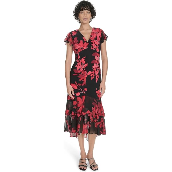 Tommy Hilfiger Women's Flutter Sleeve V-Neck Ruffle Trim Hi Lo Midi Dress,  Black Night, 2 at Amazon Women's Clothing store