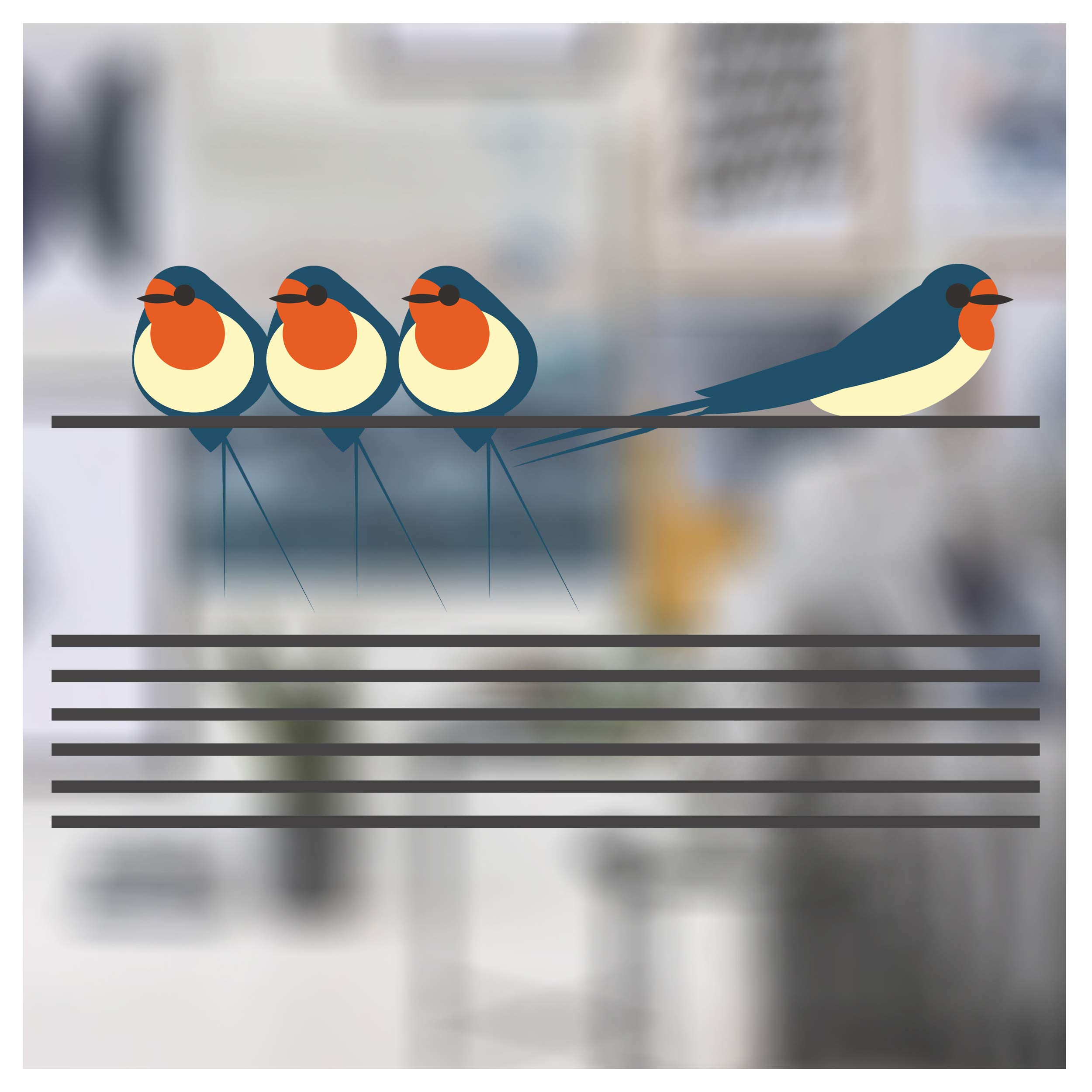 I Like Birds - 4 Swallows on a Wire Window Stickers - Decorative Glass Static Clings for Windows