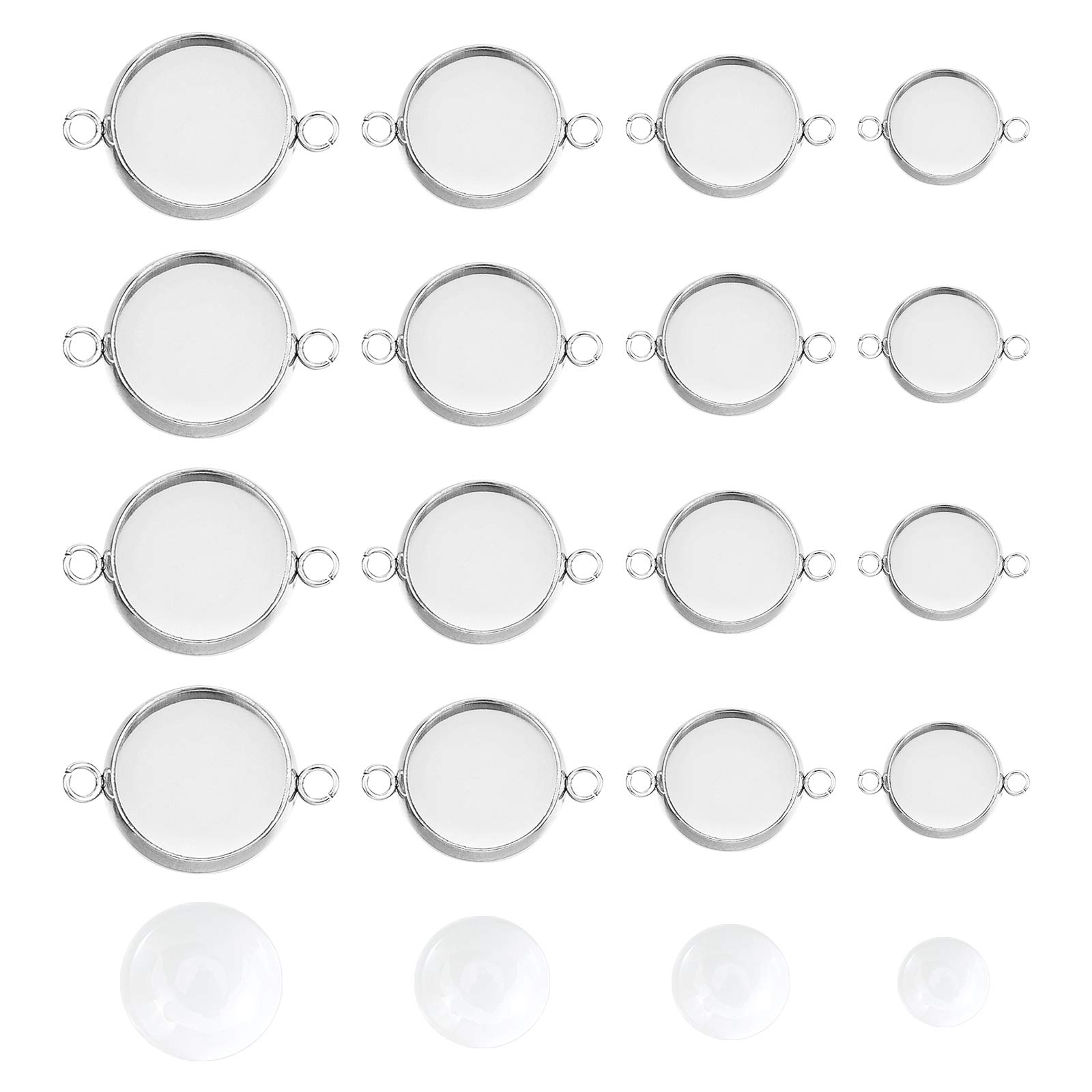 UNICRAFTALE 48 Sets 8/10/12/16mm Sizes Flat Round Pendant Blanks with Cabochons Stainless Steel Blank Bezel Hypoallergenic Tray Base Bezel Cups Connector Stainless Steel Color