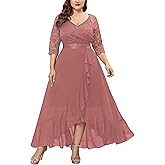 Miusol Women's Plus Size Elegant V Neck Ruffle Floral Lace Bridesmaid Maxi Dress
