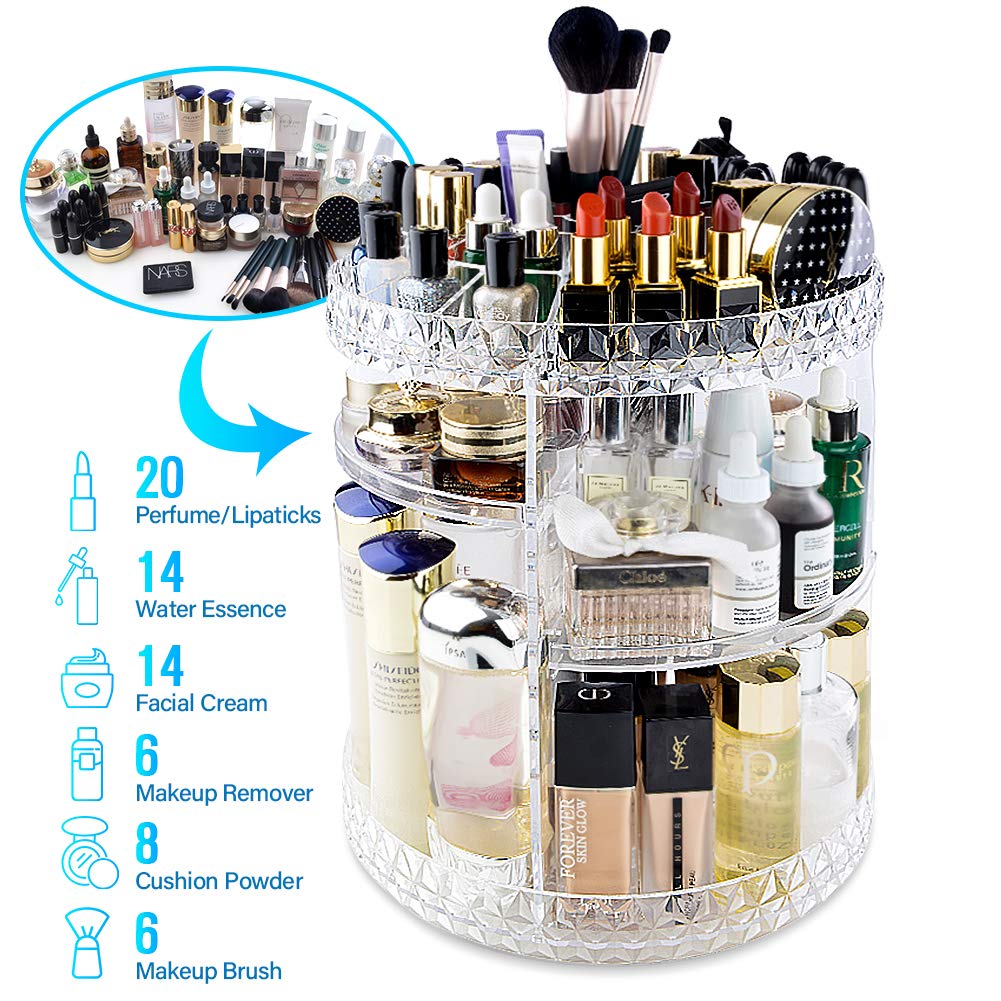 InnSweet 360 Rotating Makeup Organizer, Adjustable Cosmetic Storage Display Case with 8 Layers, Large Capacity Cosmetic Shelf, Acrylic Transparent: Beauty