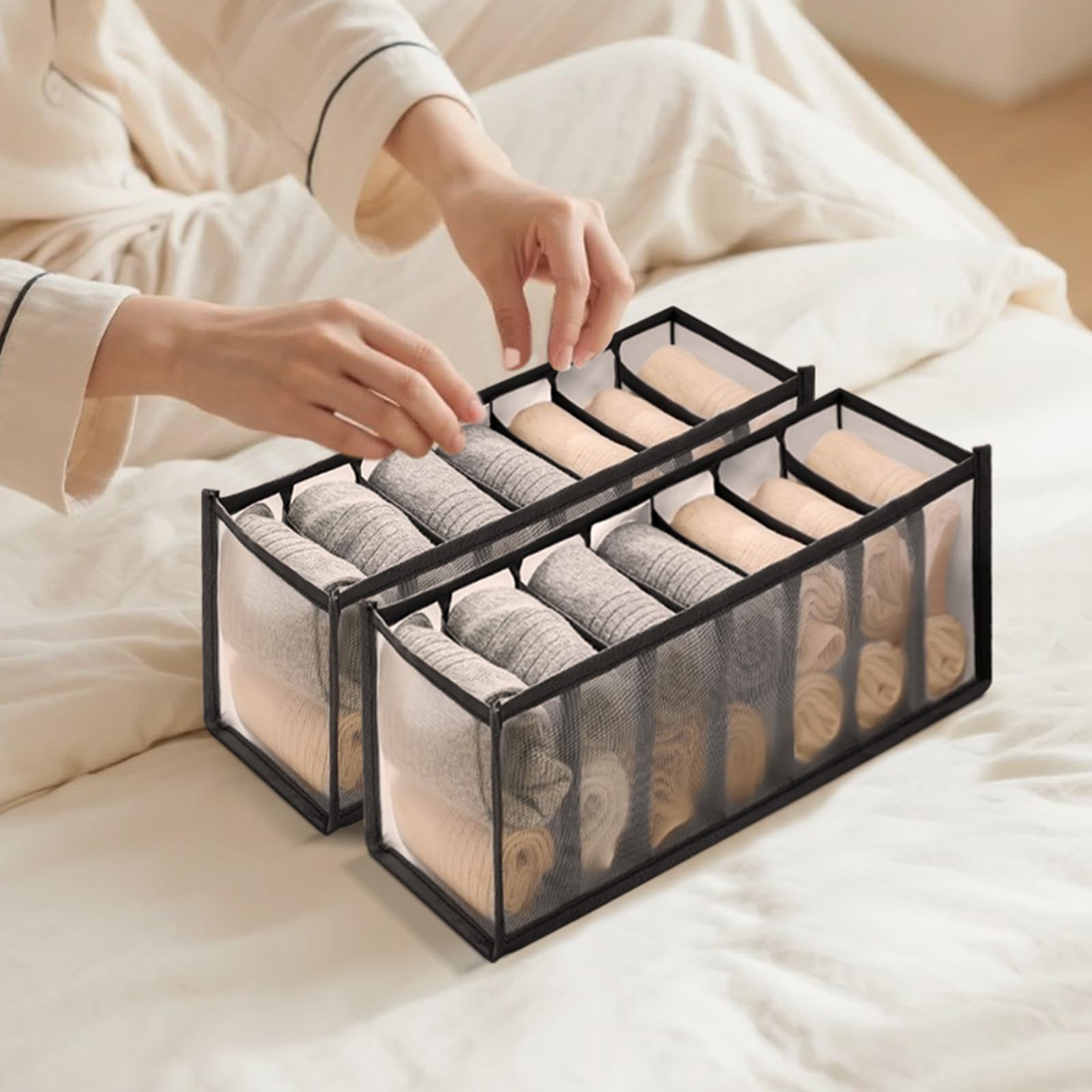 Photo 1 of 2PCS 7 Girds Underwear Drawer Organizer Underwear Storage Box Foldable Socks Bra Wardrobe Storage Box(Black)