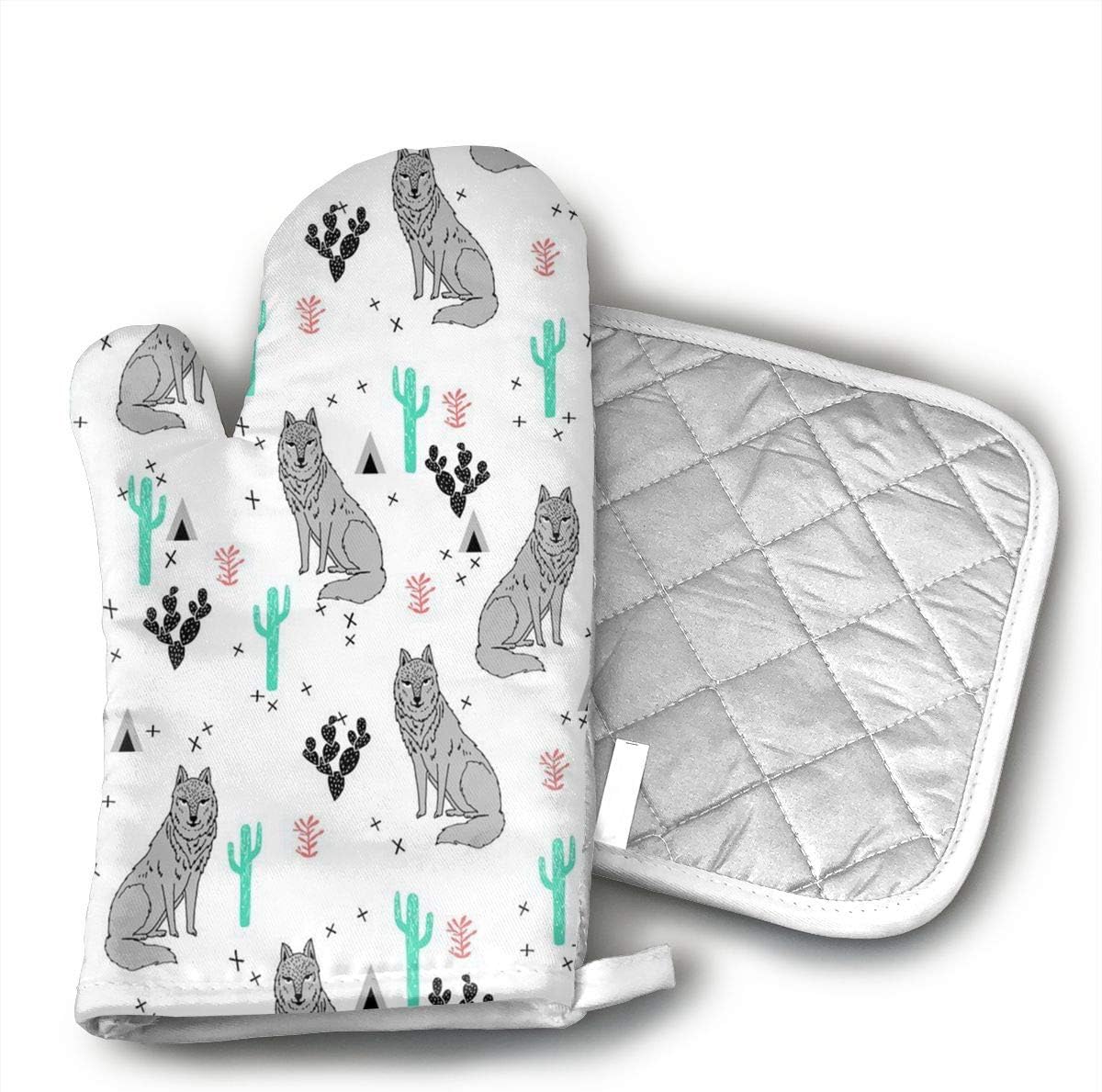 Ubnz17X Wolf Cactus Oven Mitts and Pot Holders for Kitchen Set with Cotton Non-Slip Grip,Heat Resistant