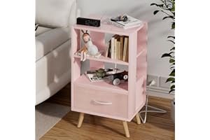 Aenuert Night Stand with Charging Station, Pink Kids Nightstand with Drawer, 3-Tier Nursery Bedside Table with USB Ports and Outlets, End Table for Small Space, Living Room, Bedroom