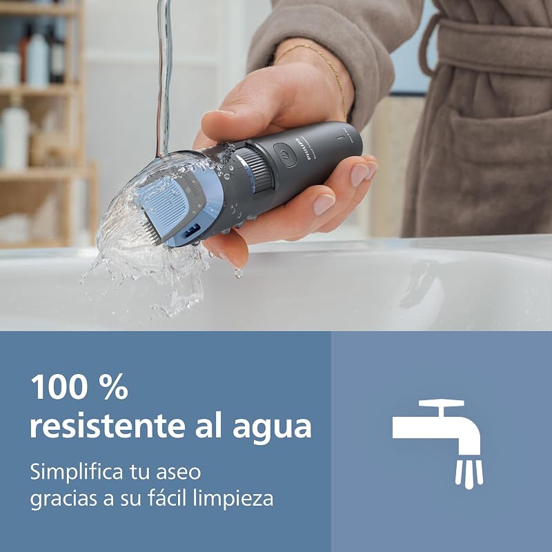 Serie 3000 - Cuchillas con puntas redondeadas, 20 posiciones ajustables, peine-guía, 100% resistente al agua, indicador de batería, carga USB, funda, modelo BT3619/15