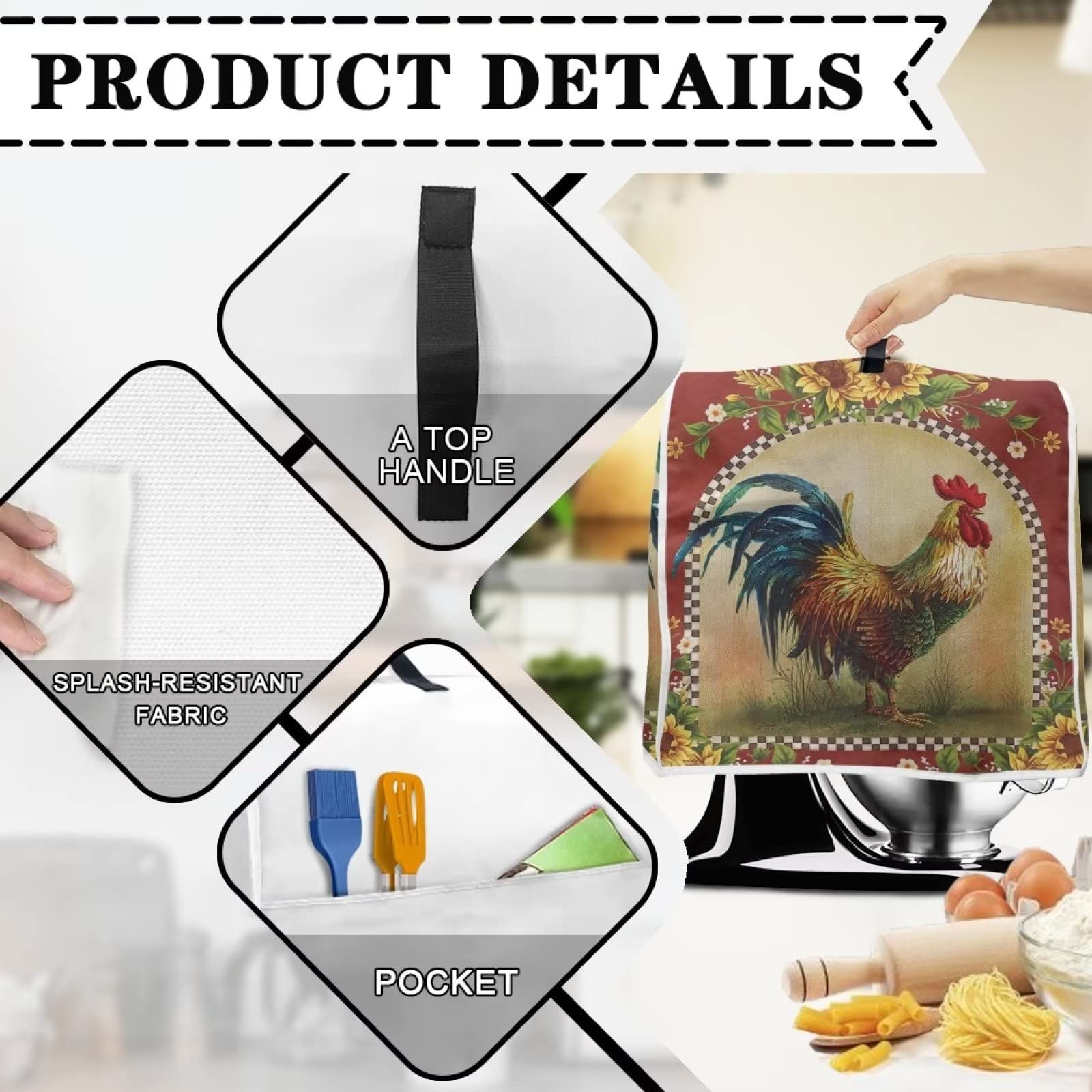 Kitchen Aid Mixer Cover, Sunflower Rooster Print Kitchen Stand Mixer Dust Cover with Handle, Kitchen Aid Covers for Stand Mixer or Coffee Maker With Pocket, Kitchen Aid Mixer Assecories