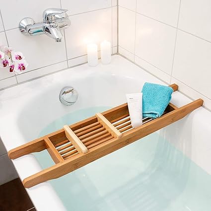Relaxdays Pont De Baignoire Salle De Bain Rangement En Bois De Bambou Hxlxp 6 5 X 69 X 14 Cm Bougie Livre Verre Accessoires De Douche Produits Detente Relaxation Nature Amazon Fr Cuisine Maison