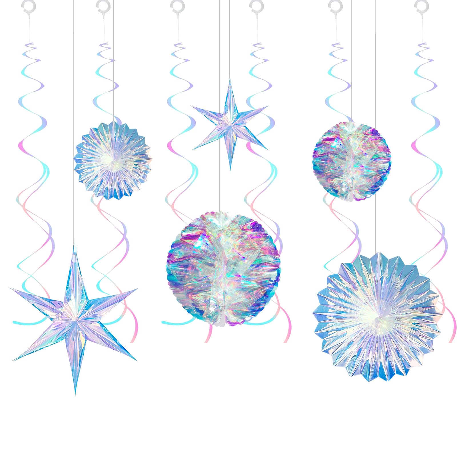 Photo 1 of 12 Pcs Iridescent Party Decoration,Hanging Honeycomb,Decorative Iridescent Foil Fan,Shiny Star, Hanging Rainbow Swirl for Wedding,Christmas,Baby Shower Frozen,Mermaid Themed Birthday Party Supplies