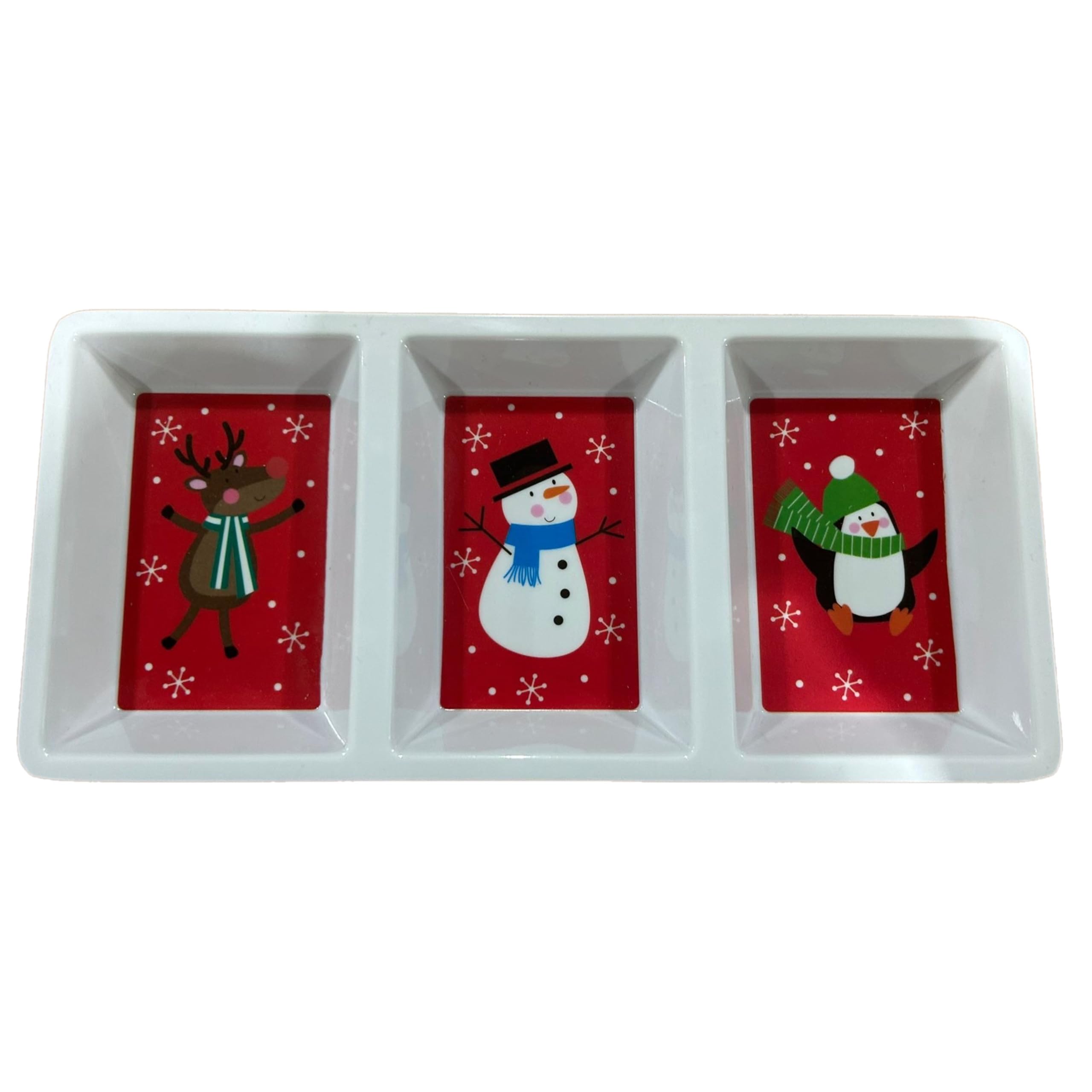 eBoutik - Christmas Platter Plate - Colourful Compartment Reusable Serving Platters for Xmas Dinner, Xmas Eve, or Festive Sweets - Santa & Snowman Design (White)