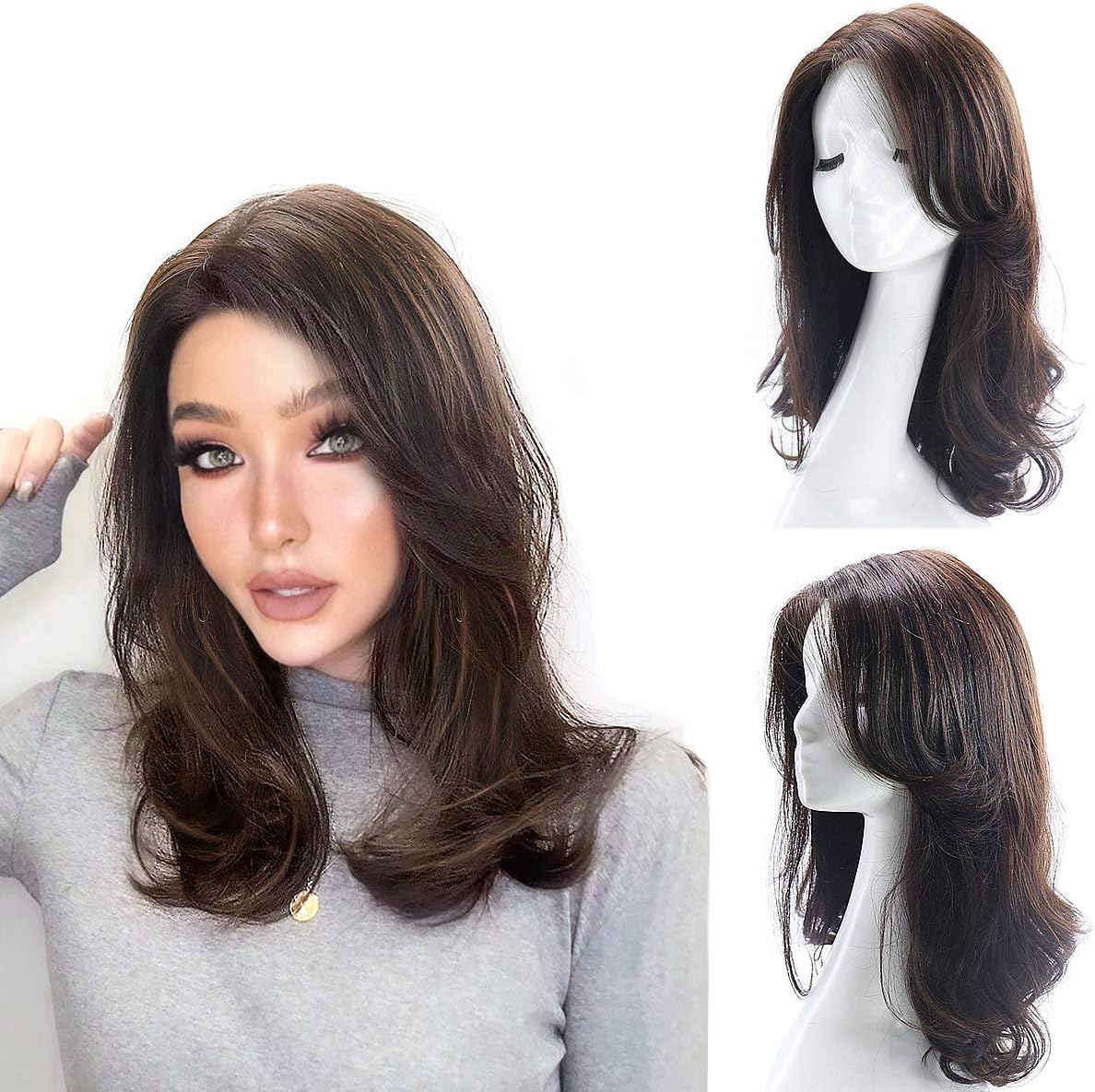Synthetic Wig,Brown mixed color medium long wig,Curly Natural Looking Long Synthetic Hair, Heat Resistant Full Wig for Women,22in