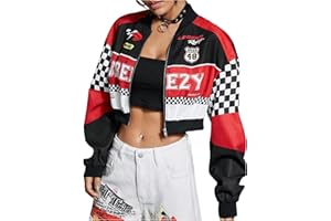 GORGLITTER Women's F1 Racer Jacket Cropped Varsity Jacket Zip Up Color Block Letter Graphic Motorcycle Biker Coats