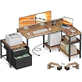 Casaottima L Shaped Desk with Drawers & File Cabinet, Reversible Computer Desk with Storage Shelves & CPU Stand, Corner Desk with Power Outlets, L Desk for Home Office, Rustic Brown