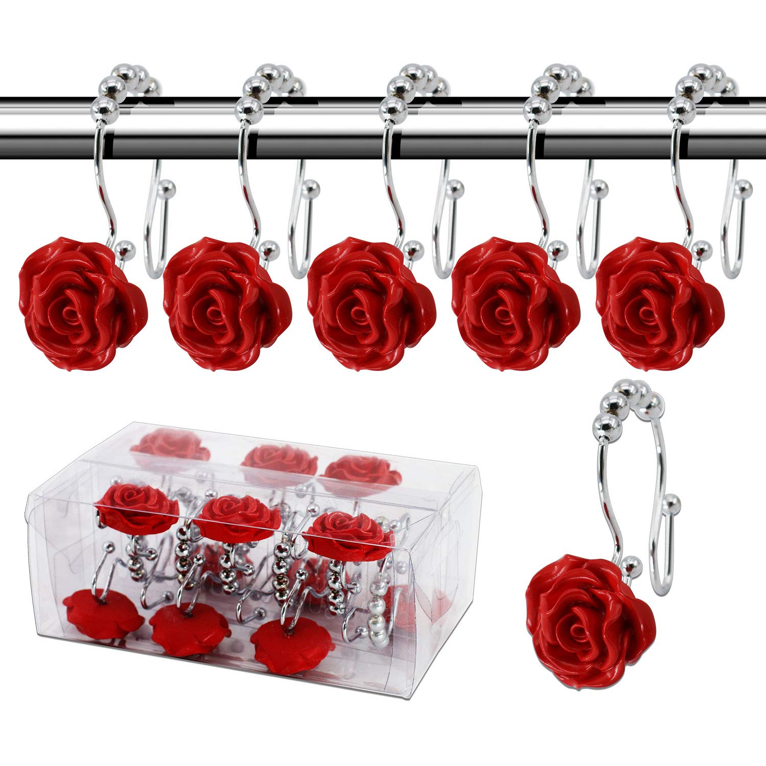 BEAVO Rose Shower Curtain Hooks,12 Pcs Double Glide Shower Curtain Rings Stainless Steel Rustproof Decorative Shower Hook Ring with Resin Rose Flower for Bathroom Shower Rods (Red)