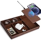 Valet Tray with Wireless Charger, Faux Leather Nightstand Tray, Mens Organizer, Catch-All Tray for Entryway Table Key, Wallet