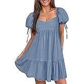 POTILI Denim Dress for Women Puff Short Sleeve Jean Dresses Sweetheart Neck Denim Mini Dress
