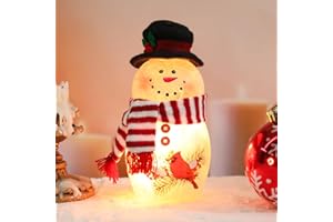 Afirst Lighted Christmas Snowman Decoration, 12 inch Crackle Glass Figurine, Pre-Lit Holiday Table Lamp with Cardinal Design