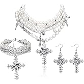 KURTCB Layered Pearl Cross Jewelry Set Statement Chunky Y2k Gothic Pearl Necklace and Earrings Bracelet for Women